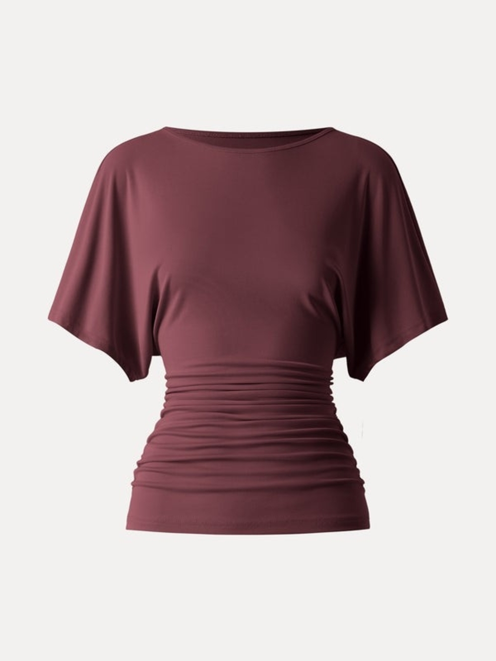 OGL Sandwashed Effortless Boatneck Batwing Sleeve Side Ruched Top Jujube Red